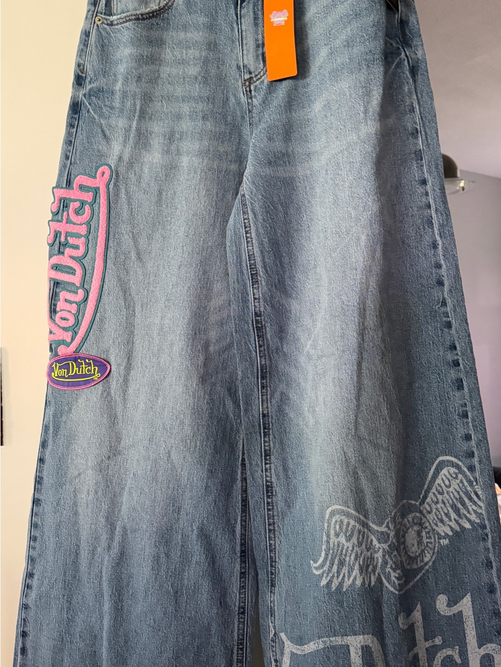 Von Dutch Light Blue Wide-Leg Jeans with Pink Logo Applique